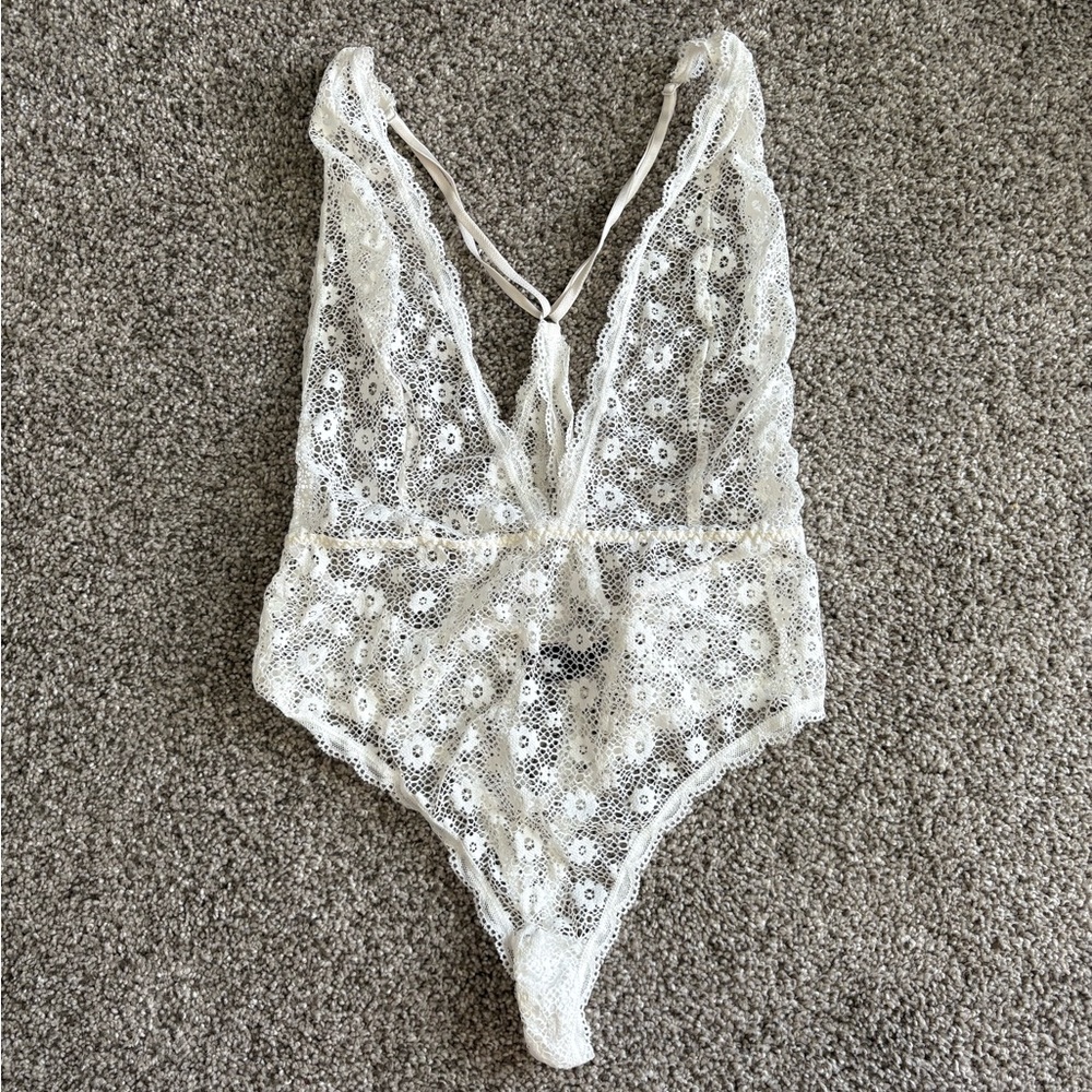 Victoria's Secret White Lace Plunge Bodysuit